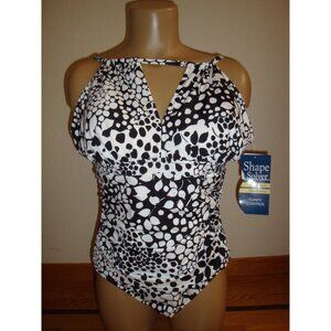 New Shape Solver Women's 1 Pc Swimsuit Madison Avenue Split Neck Black/White 14